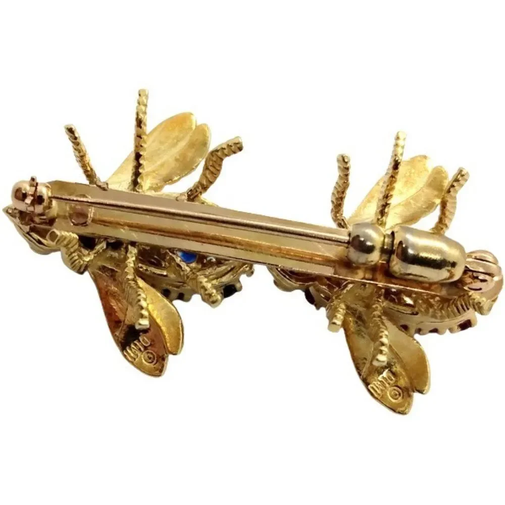 Elegant Vintage Diamond Ruby Sapphire 18K Gold Double Bee Brooch Pin Retro